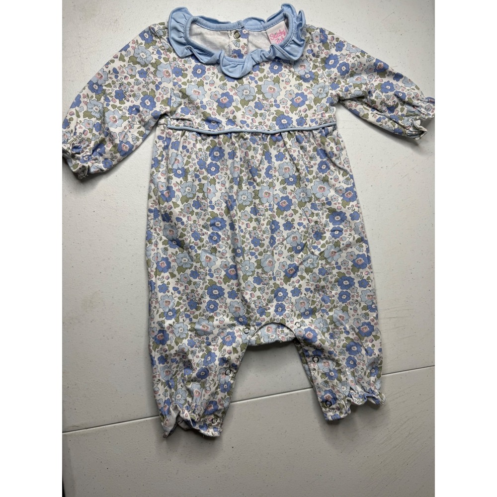 Stitchy Fish Blue Floral Long Sleeve Ruffle Collar Bubble Romper 6M